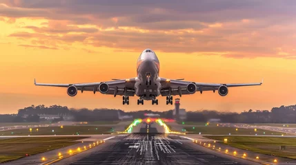 Fotobehang A large jetliner taking off from an airport runway at sunset or dawn with the landing gear down and the landing gear down, as the plane is about to take off. © Lakkhana