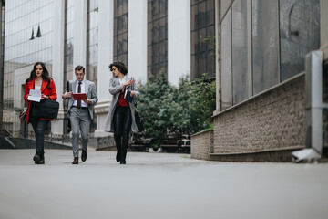 A group of lawyers in formal attire walking outside office buildings, engaged in a discussion.