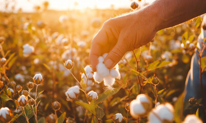 Farmer hand picking white boll of cotton. Cotton farm. Field of cotton plants. Sustainable and eco-friendly practice on a cotton farm. Organic farming. Raw material for textile industry - obrazy, fototapety, plakaty