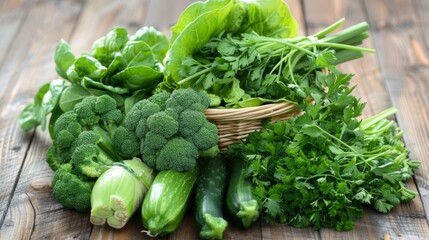Assortment of green vegetables on a wooden surface. Eco-friendly healthy food