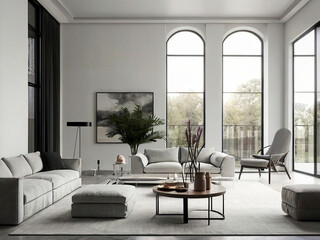 living room interior mockup, modern furniture and decorative arch with trendy dried flowers with white sofa and armchair on the White Background