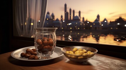 Dates in a Bowl and a Glass of Water on Table