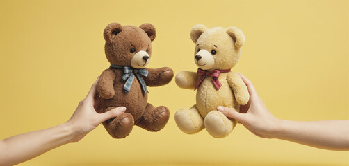 Two hands touching or holding from different sides plush toy to represent parental care and custody