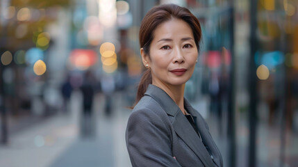Confidently poised in a city street, a middle-aged Asian businesswoman exudes