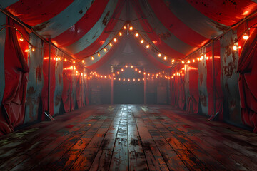 A silent and empty circus tent, evoking a sense of nostalgia and fantasy. Suitable for entertainment events and parties. - obrazy, fototapety, plakaty
