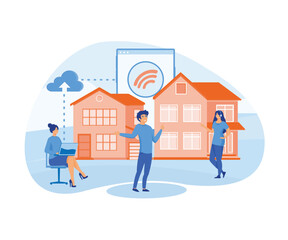 Smart home concept, internet wifi, data transfer, communication, connecting apartment buildings to the internet, control via tablet. flat vector modern illustration