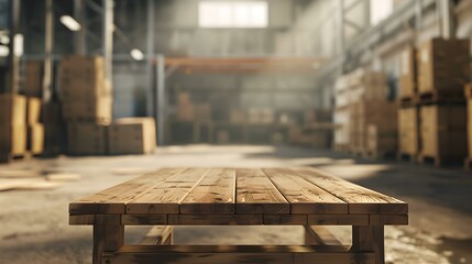 Vintage wooden pallet in an old warehouse space. rustic industrial setting with sunlight beaming through. perfect for background or design projects. AI