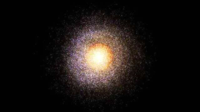 Flashing and expanding abstract star on black background. A swarm of particles moving chaotically around the center.