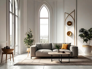 living room interior mockup, modern furniture and decorative arch with trendy dried flowers with white sofa and armchair on the White Background