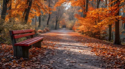Foto op Aluminium autumn forest at Budapest Normafa, bench outdoor in fall colors © eliza