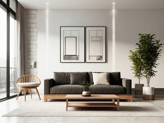 living room interior mockup, modern furniture and decorative arch with trendy dried flowers with white sofa and armchair on the White Background