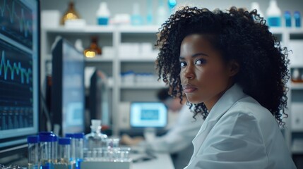 A professional woman scientist gazes thoughtfully in a lab, surrounded by technology and scientific equipment, illustrating a narrative of innovation and research - obrazy, fototapety, plakaty