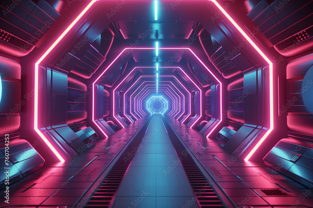 Aufkleber a futuristic corridor with illuminated hexagonal patterns and neon lights, embodying a sci-fi space 