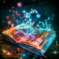 A futuristic illustration of a digital textbook with holographic pages displaying sparkling constellations and magical symbols.