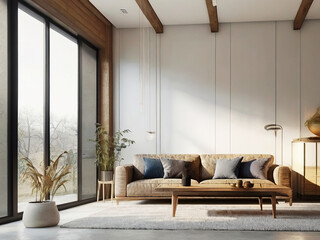 living room interior mockup, modern furniture and decorative arch with trendy dried flowers with white sofa and armchair on the White Background