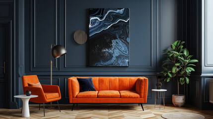 In a contemporary living space, an orange sofa and armchair contrast against