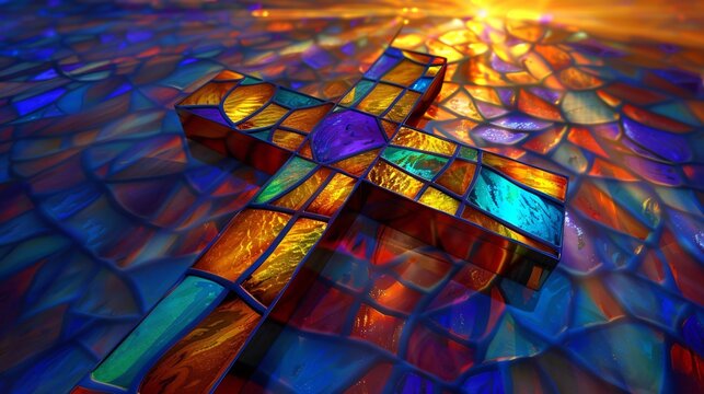Stained glass cross artwork A breathtaking stained glass artwork of a cross illuminating vibrant colors and the divine light of faith