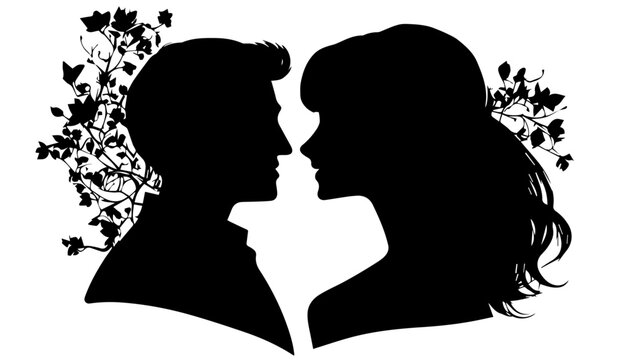 Silhouette of a couple standing in profile, isolated on white or transparent background, vector illustration