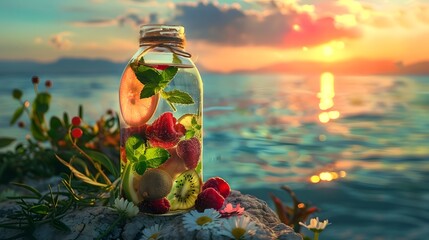 A glass jar filled with water and various fruits and herbs. The jar is placed on a rock near the water, with a beautiful sunset in the background - obrazy, fototapety, plakaty