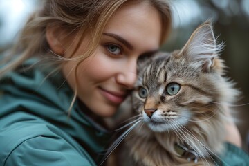 Close-up of a young woman holding a Maine Coon cat