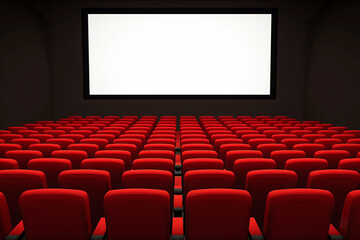 A movie theater with red chairs and a white screen