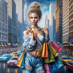 A young woman with a high bun hairstyle stands in the middle of a bustling cityscape, holding several colorful shopping bags - 760705430