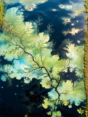 Save planet earth concept, oil film on a polluted lake, black oil film, shimmering water surface, oil waste spilling, environmental catastrophe, ecological disaster, dirty lake, world earth day