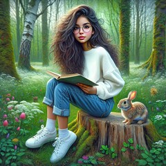A young woman with wavy hair and round glasses sits on a stump in a vibrant forest clearing with a book and a small rabbit - 760706008