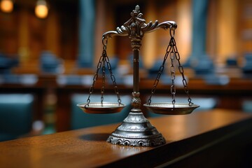 An image of the scales of justice, a symbol of judicial impartiality, set in a courtroom environment