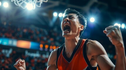 Asian basketball player celebrates victory, unleashing shouts of joy against the backdrop of a basketball stadium. Emotional celebration of winning the game - obrazy, fototapety, plakaty