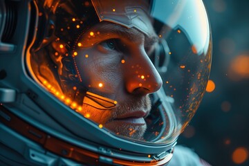 Close-up of an astronaut suit with helmet visor reflecting sparks, against a blue and orange backdrop - obrazy, fototapety, plakaty