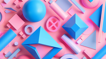 3D rendering of geometric shapes in various pastel colors. The shapes are arranged in a random order and create a sense of depth.