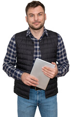 Isolated man worker rancher wearing plaid shirt and vest bodywarmer holds digital tablets in his...