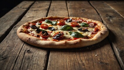 Freshly baked italian pizza with tomatoes and olives on wooden table close up view