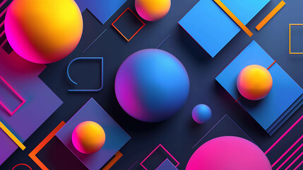 3D rendering of geometric shapes. Spheres and cubes of different colors and sizes are arranged in a...