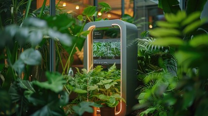 A personal wellness hub featuring a smart mirror displaying health stats and personalized workout suggestions, surrounded by greenery
