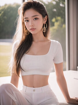 Beautiful young asian girl portrait with hoop earrings long silky hair and white clothes