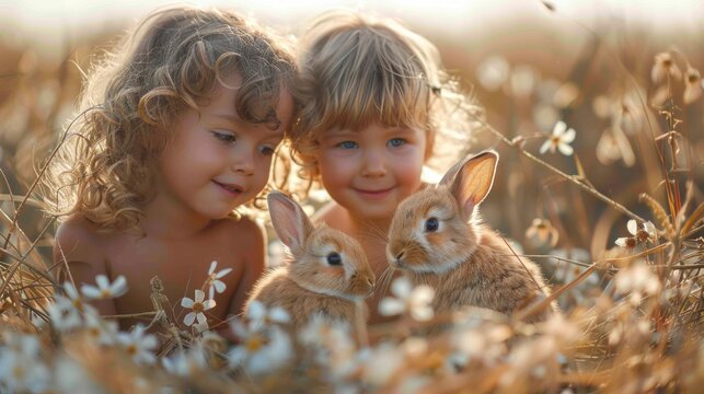 Two young kids are standing in a grassy field, each holding a fluffy rabbit in their hands.