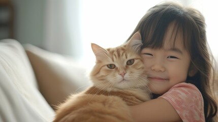 Little happy girl tenderly hugs her cat tightly in a bright spacious living room. Friendship concept between humans and animals