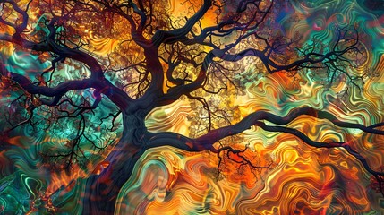 Swirling branches abstracting the tree of life in a vibrant illustration - obrazy, fototapety, plakaty