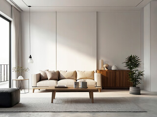 living room interior mockup, modern furniture and decorative arch with trendy dried flowers with white sofa and armchair on the White Background