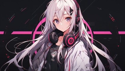 A cute anime girl with long white hair, wearing an esports style outfit and carrying backpack