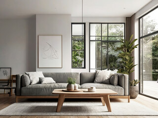 living room interior mockup, modern furniture and decorative arch with trendy dried flowers with white sofa and armchair on the White Background
