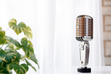 Retro style microphone on table in front white wall background