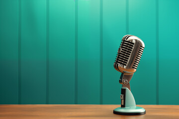 Retro style microphone on table in front green wall background