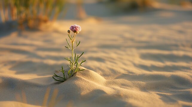 Small plant on sand desert with bokeh effect background 