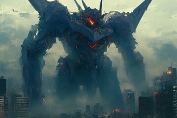 Tall mecha robot with glowing red eyes standing over the city skyline - obrazy, fototapety, plakaty