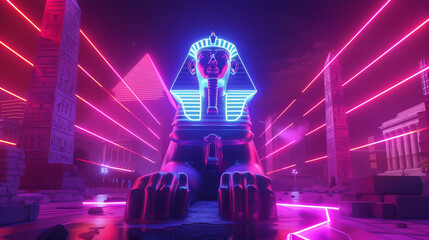 A digital Sphinx, overtaking the night with neon radiance, stands majestic in a hyper-realistic scene, enhanced by rear curtain sync for dynamic motion effects