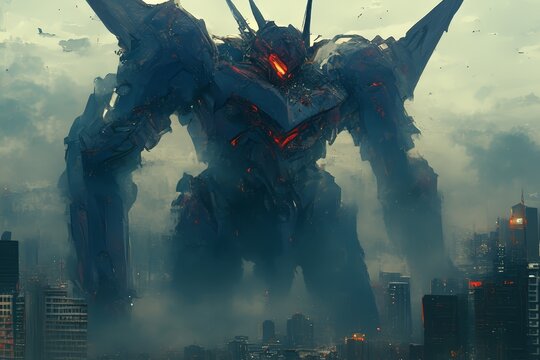 Tall Mecha Robot With Glowing Red Eyes Standing Over The City Skyline