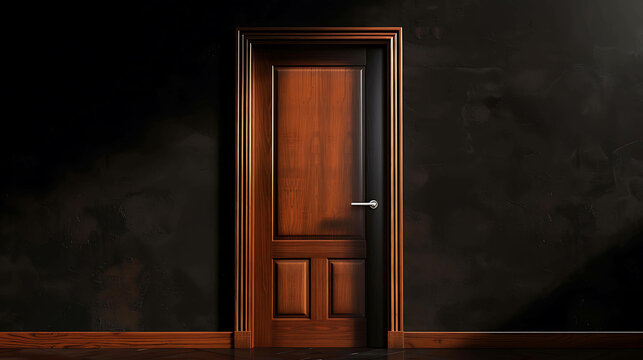 Mysterious wooden door in a dark room. The door is made of dark wood and has a metal doorknob. The room is dark and shadowy.